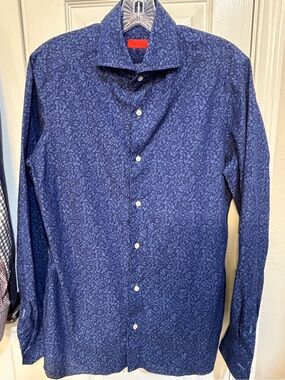 ISAIA Napoli Leuca Mix Blue Floral Cotton Dress Shirt Made in Italy Size 39